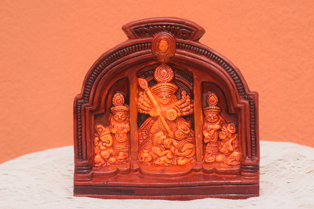Hand-Painted Terracotta Durga Family Idol – Triple Arch Panel