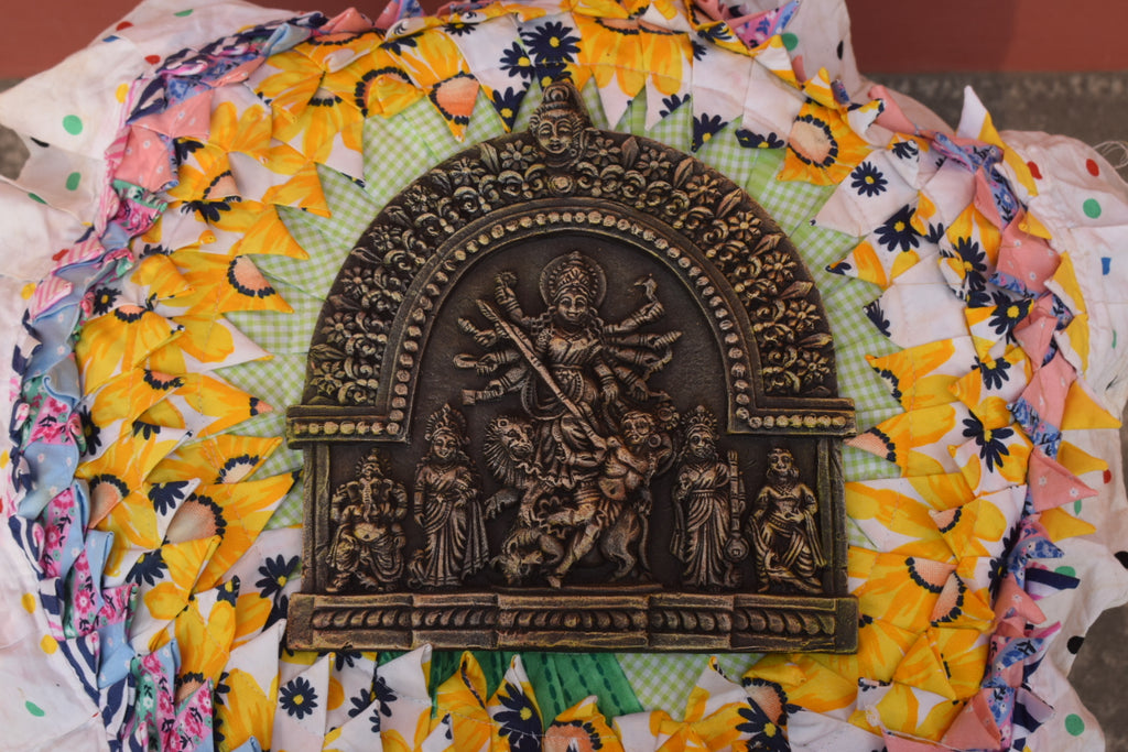 Handcrafted Terracotta Wall Hanging of Goddess Durga with Family – Antique Black Finish