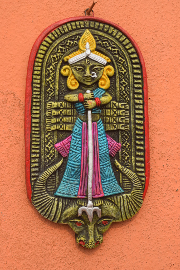 Hand-Crafted Terracotta Wall Hanging of Goddess Durga – Tribal Folk Art Style