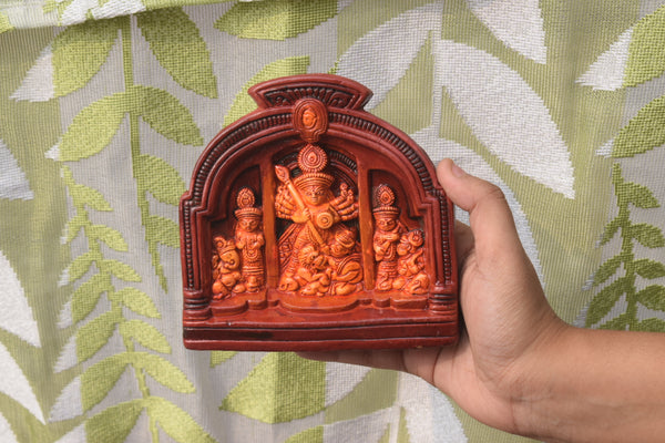 Hand-Painted Terracotta Durga Family Idol – Triple Arch Panel