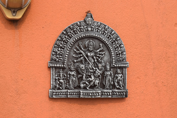 Handcrafted Terracotta Wall Hanging of Goddess Durga with Family – Antique Black Finish